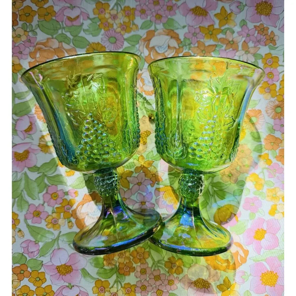 Vintage Indiana Glass Harvest Grape Lime Green Carnival Goblets 1970s Set of 2